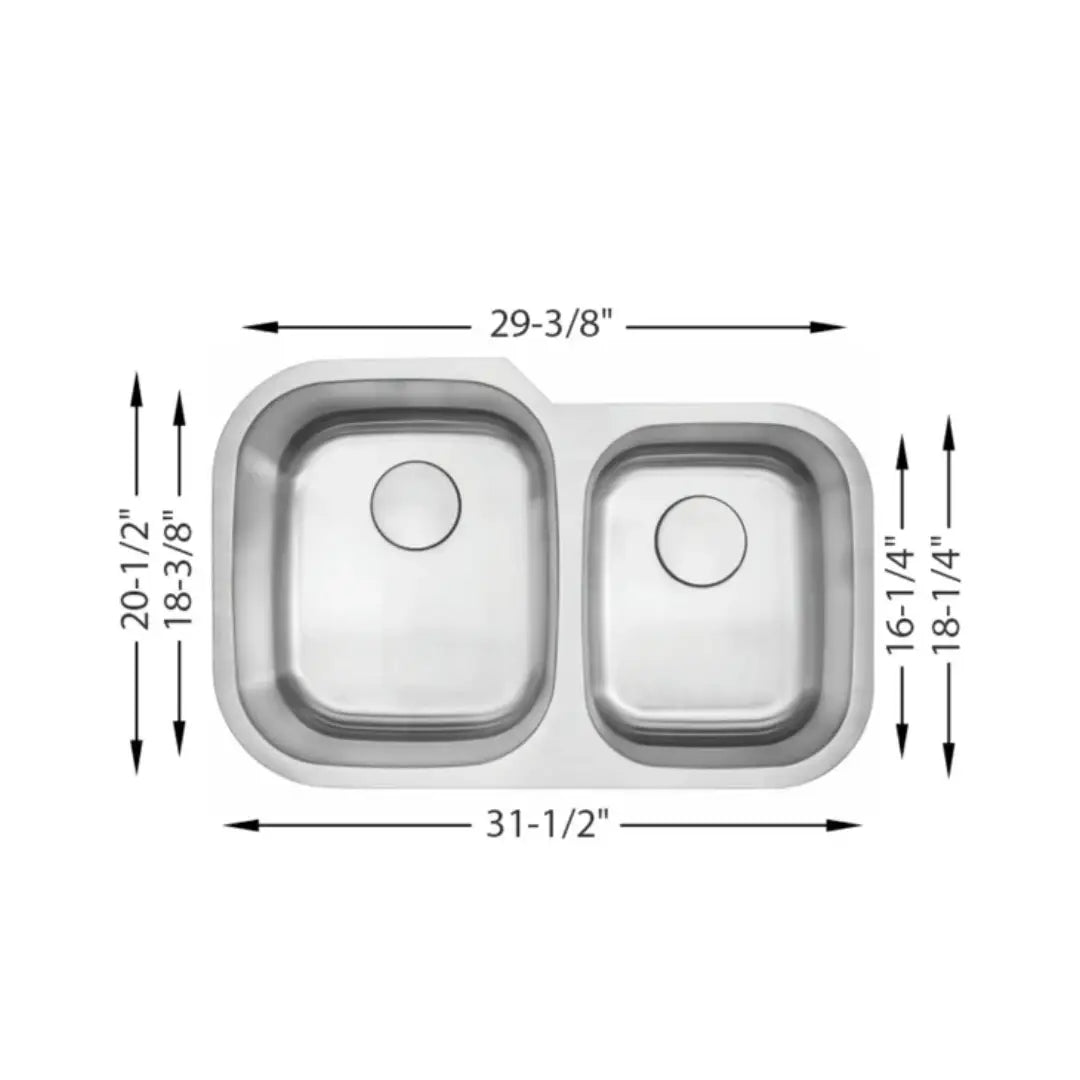 LUVUL 32" Undermount Sink – 60/40 Double Bowl – 16G Stainless Steel