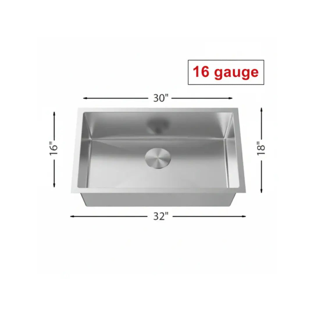 LUVUL 32" R10 Handmade Undermount Sink – Single Bowl – 16G Stainless Steel