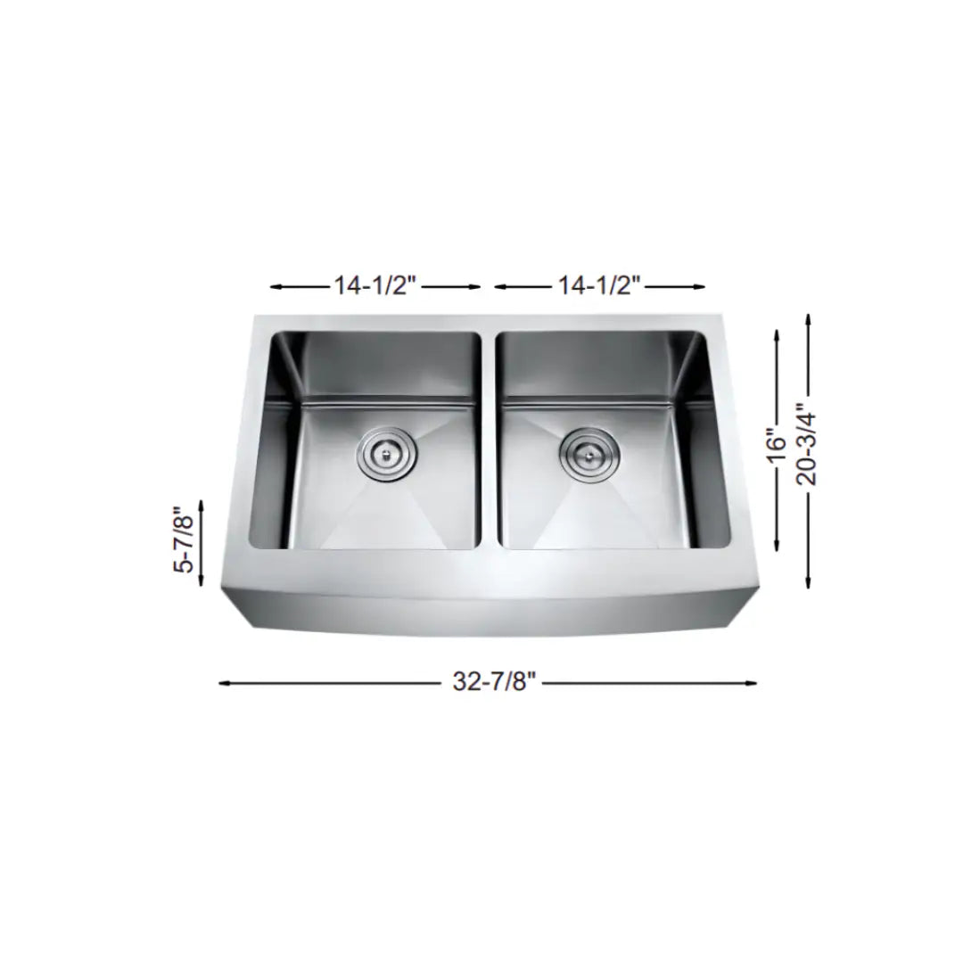 LUVUL 33" Farmhouse Apron Front Sink – Double Bowl – 18G Stainless Steel