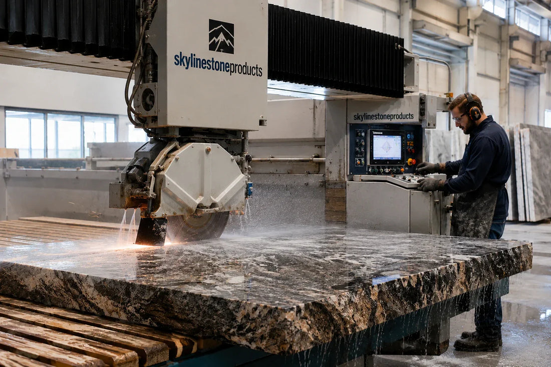 Professional fabricator using stone cutting tools and a diamond blade for granite in a modern fabrication shop