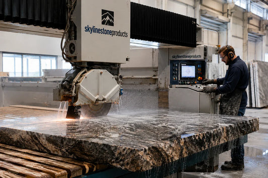Professional fabricator using stone cutting tools and a diamond blade for granite in a modern fabrication shop
