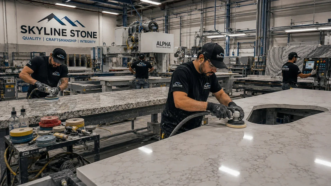 Alpha Brand stone fabrication tools used by professionals in a modern workshop