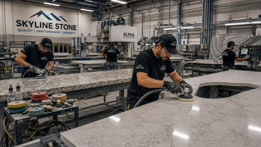 Alpha Brand stone fabrication tools used by professionals in a modern workshop