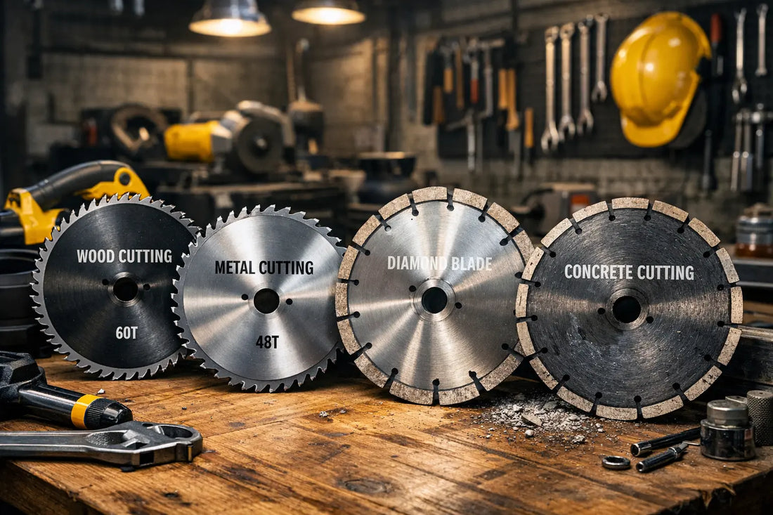 Circular saw blade types displayed on a workshop bench including wood, metal, diamond, and concrete cutting blades