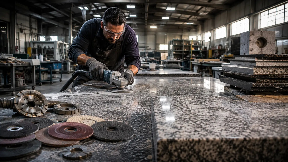 Professional craftsman using a disc sander in a stone fabrication workshop for precision surface finishing.