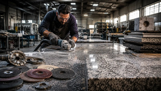 Professional craftsman using a disc sander in a stone fabrication workshop for precision surface finishing.