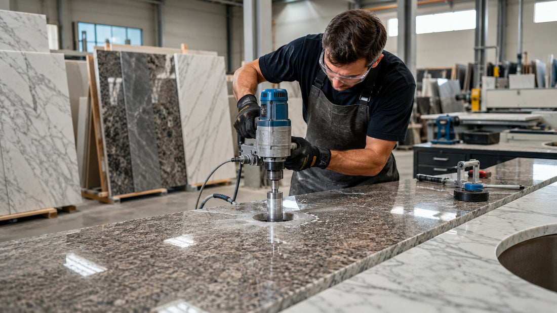 Professional using a diamond core drill bit on a granite countertop