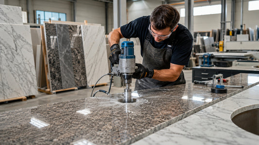 Professional using a diamond core drill bit on a granite countertop