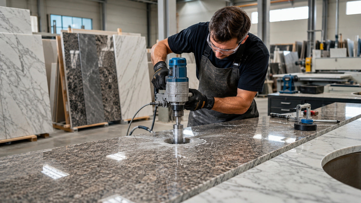 Professional using a diamond core drill bit on a granite countertop