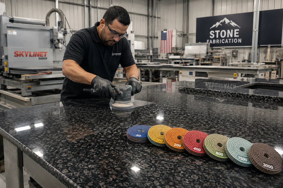 Granite polishing pads used by a professional fabricator to achieve a high-gloss granite finish