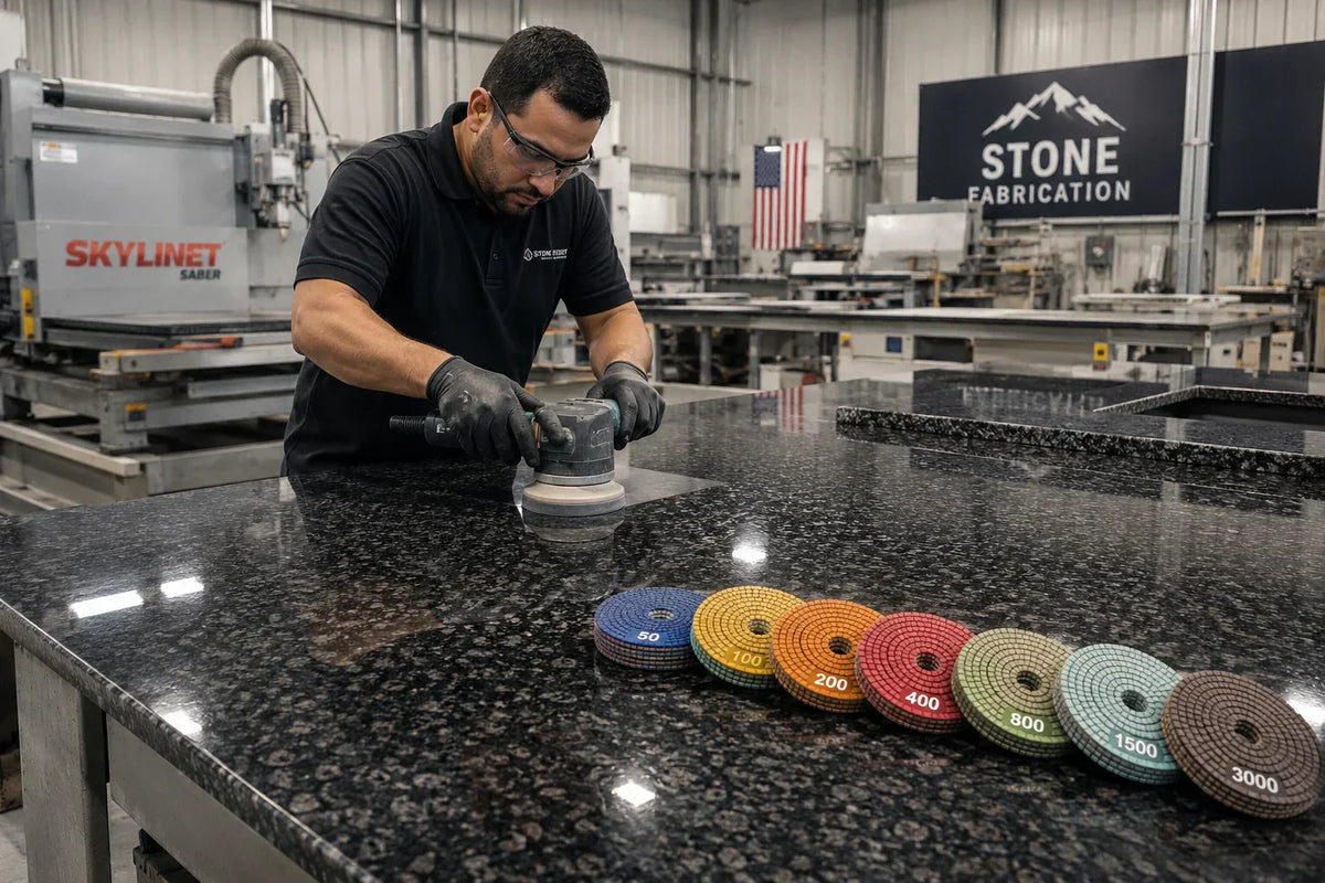 Granite polishing pads used by a professional fabricator to achieve a high-gloss granite finish