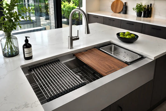 Kitchen sink accessories including sink grid, drying rack, cutting board and colander in a modern kitchen