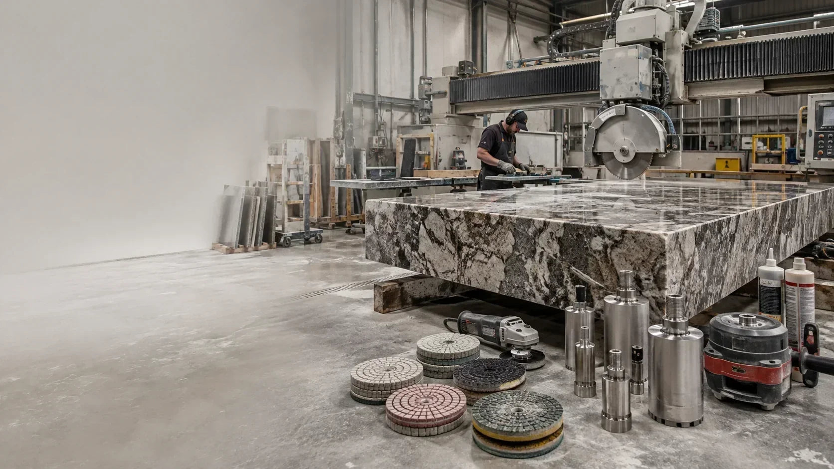 Top 10 granite fabrication tools in a professional stone fabrication workshop
