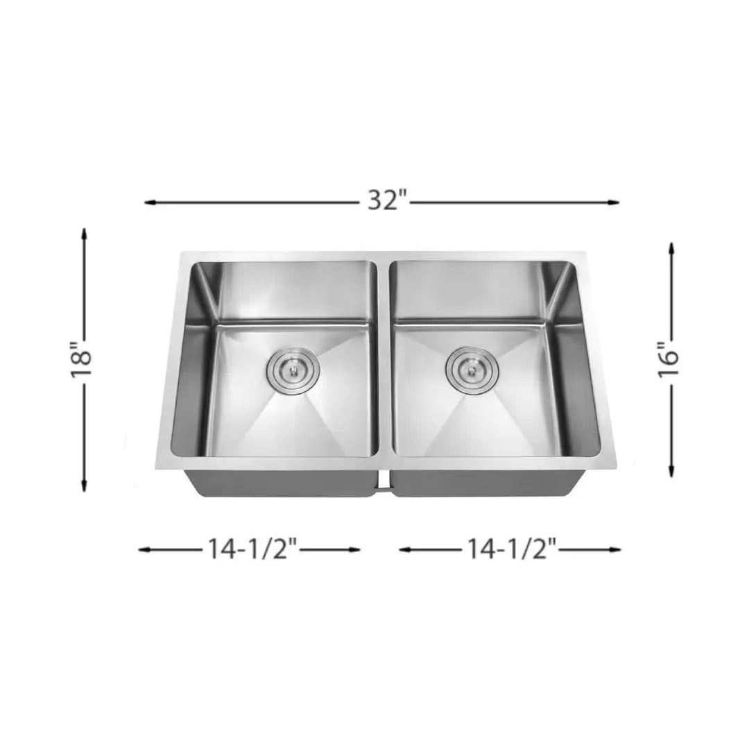 LUVUL 32" R10 Handmade Sink – Equal Double Bowl – 16G Stainless Steel