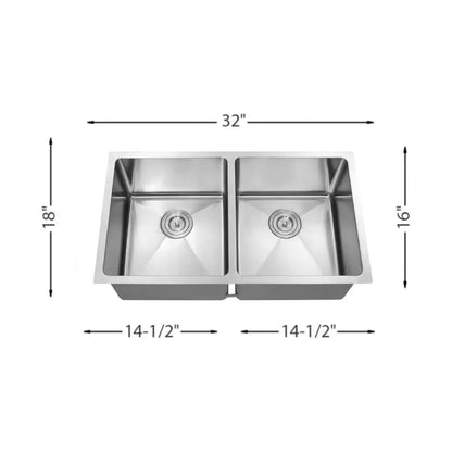LUVUL 32" R10 Handmade Sink – Equal Double Bowl – 16G Stainless Steel