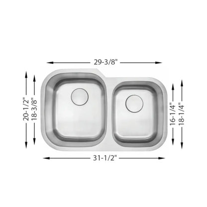 LUVUL 32" Undermount Sink – 60/40 Double Bowl – 16G Stainless Steel