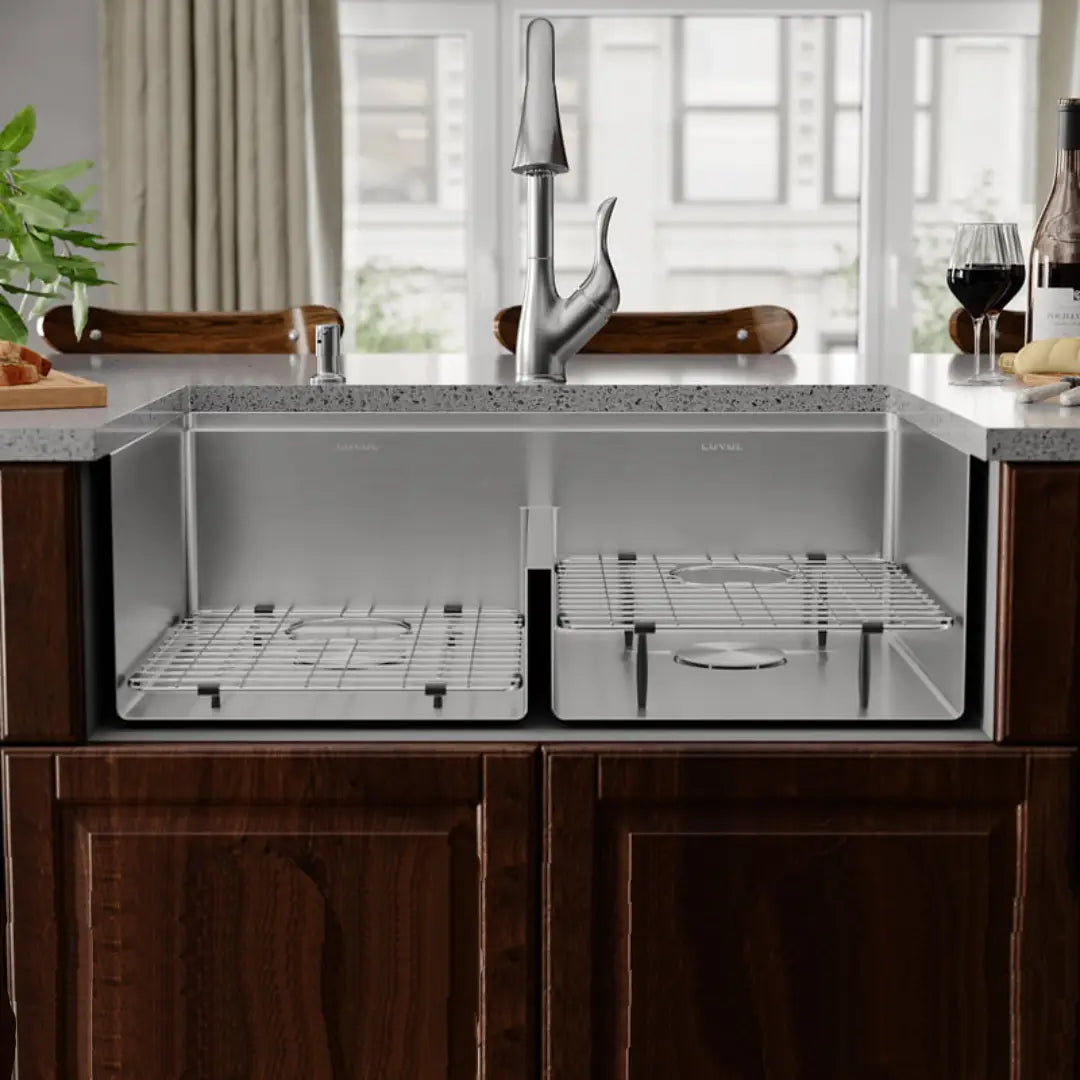 LUVUL 33-INCH WORKSTATION LEDGE UNDERMOUNT 16G R10 COMPACT RADIUS WITH SPEEDY DRAIN TECHNOLOGY KITCHEN SINK STAINLESS STEEL DOUBLE BOWL 570895 COMBO MAX