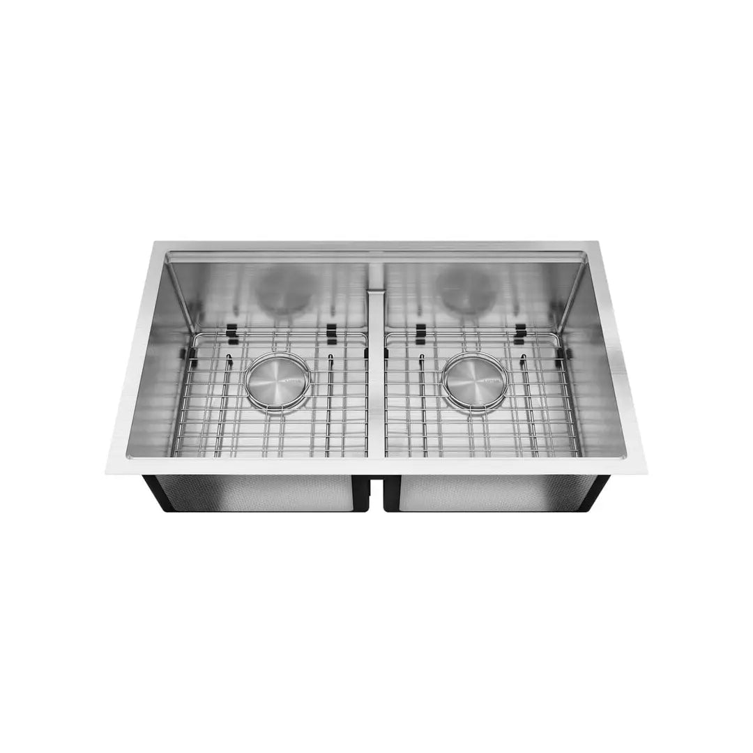 LUVUL 33-INCH WORKSTATION LEDGE UNDERMOUNT 16G R10 COMPACT RADIUS WITH SPEEDY DRAIN TECHNOLOGY KITCHEN SINK STAINLESS STEEL DOUBLE BOWL 570895 COMBO MAX