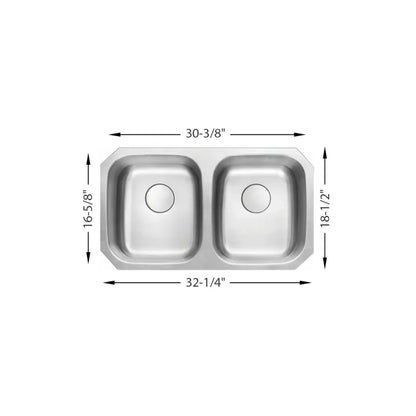 L-202 / LUVUL 32 INCH 50/50 UNDERMOUNT 18G KITCHEN SINK STAINLESS STEEL DOUBLE BOWL 762429