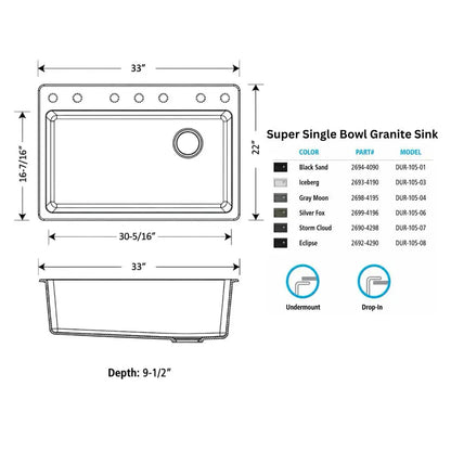 DUR-105 - Super Single Bowl Granite Sink