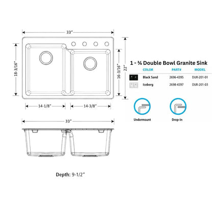 DUR-201 - 1-3/4 Double Bowl Granite Sink