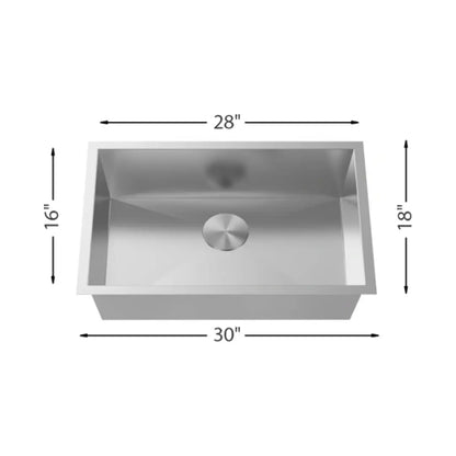 LUVUL 30" Zero Radius Handmade Undermount Sink – Single Bowl – 16G Stainless Steel