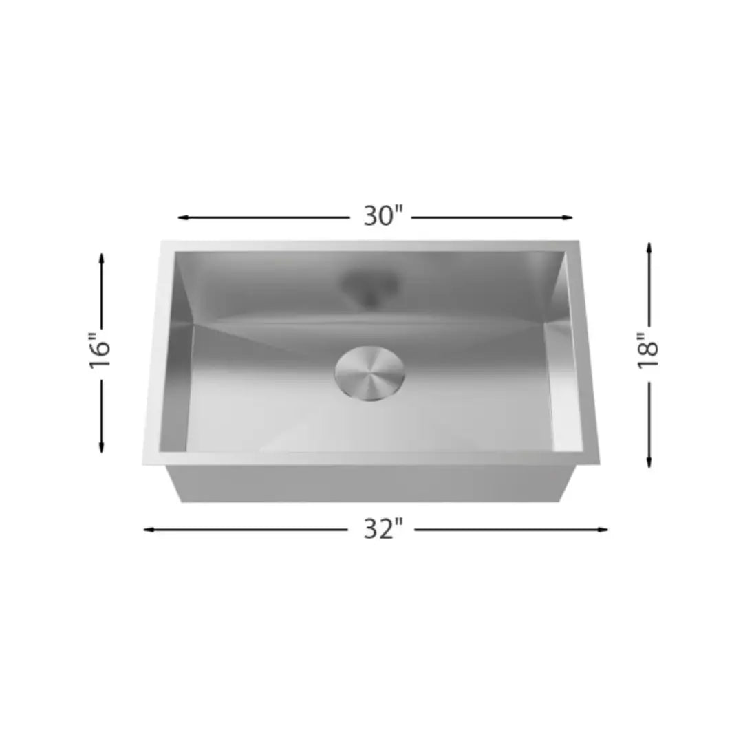 LUVUL 32" Zero Radius Handmade Undermount Sink – Single Bowl – 16G Stainless Steel