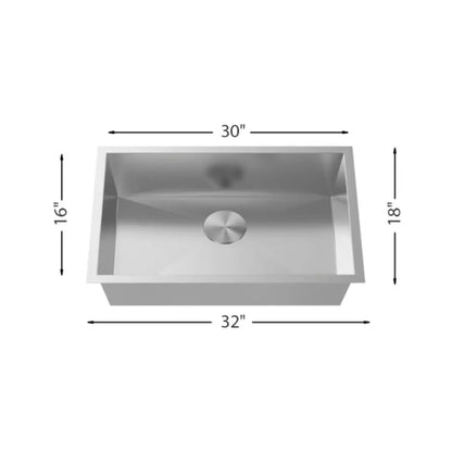LUVUL 32" Zero Radius Handmade Undermount Sink – Single Bowl – 16G Stainless Steel
