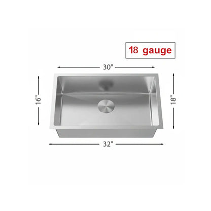 LUVUL 32" R10 Handmade Undermount Sink – Single Bowl – 18G Stainless Steel