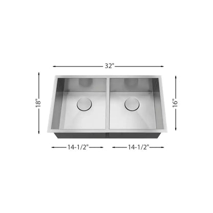 L-UZ202X-ZR / 583391 LUVUL 32-INCH UNDERMOUNT 18G ZERO RADIUS HANDMADE KITCHEN SINK STAINLESS STEEL DOUBLE BOWL NESTED
