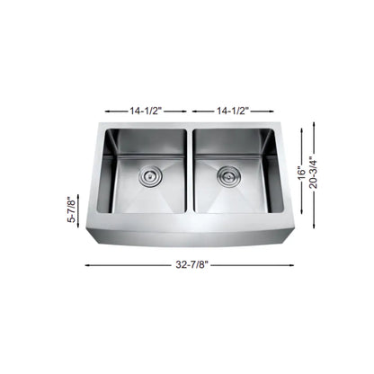 LUVUL 33" Farmhouse Apron Front Sink – Double Bowl – 18G Stainless Steel