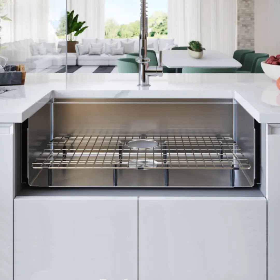 LUVUL 33-INCH WORKSTATION LEDGE FARMHOUSE FLAT APRON-FRONT 16G R10 COMPACT RADIUS WITH SPEEDY DRAIN TECHNOLOGY KITCHEN SINK STAINLESS STEEL SINGLE BOWL 504071 COMBO MAX