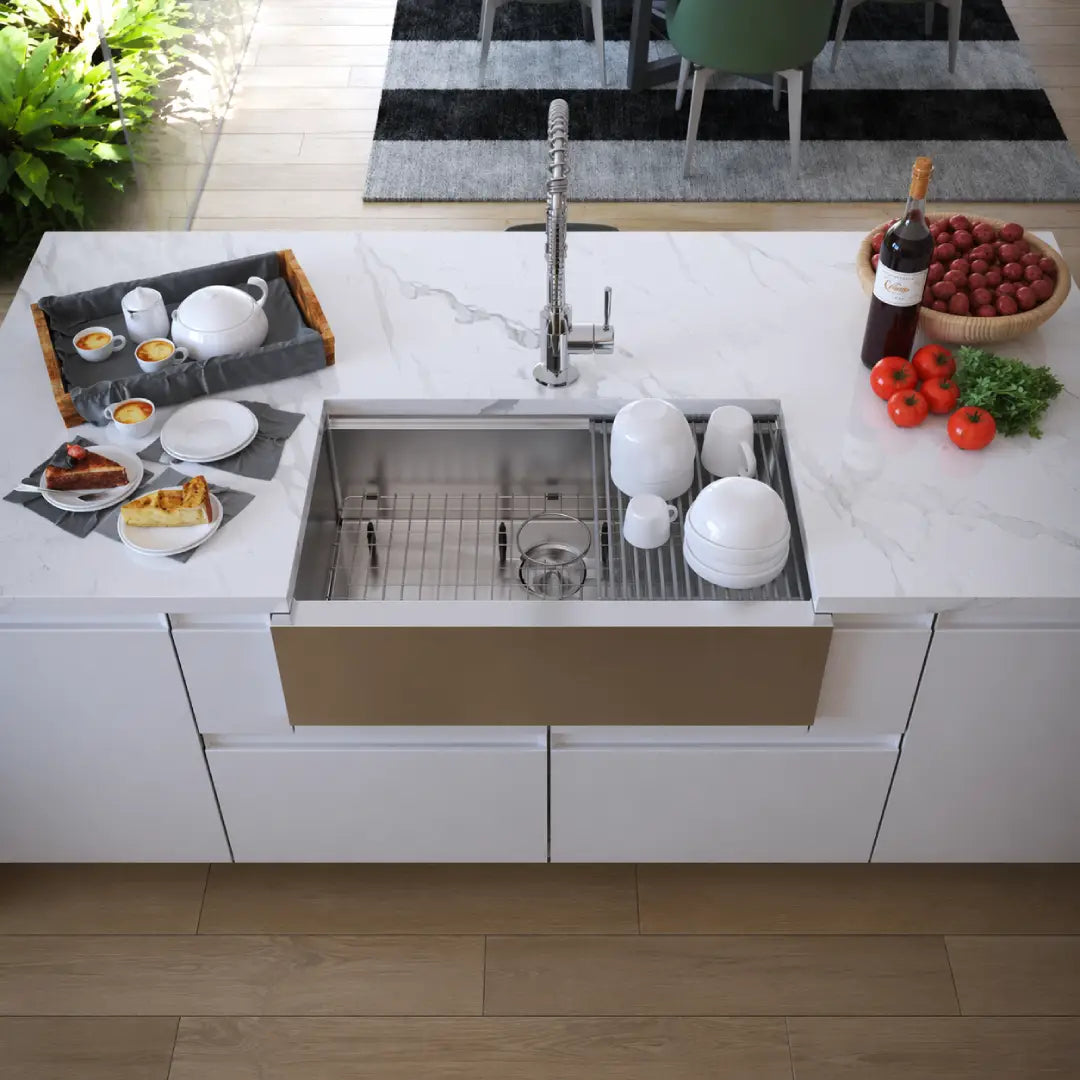 LUVUL 33-INCH WORKSTATION LEDGE FARMHOUSE FLAT APRON-FRONT 16G R10 COMPACT RADIUS WITH SPEEDY DRAIN TECHNOLOGY KITCHEN SINK STAINLESS STEEL SINGLE BOWL 504071 COMBO MAX