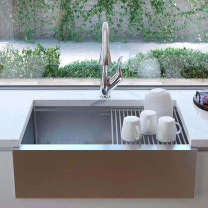 LUVUL 30-INCH WORKSTATION LEDGE FARMHOUSE FLAT APRON-FRONT 16G R10 COMPACT RADIUS WITH SPEEDY DRAIN TECHNOLOGY KITCHEN SINK STAINLESS STEEL SINGLE BOWL 361185 COMBO MAX