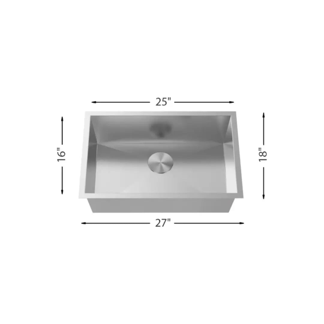LUVUL 27" Zero Radius Handmade Undermount Sink – Single Bowl – 18G Stainless Steel