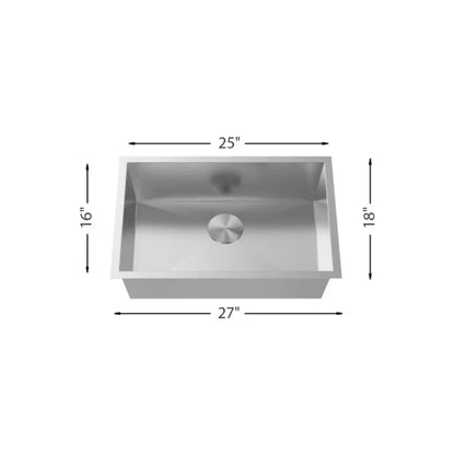 LUVUL 27" Zero Radius Handmade Undermount Sink – Single Bowl – 18G Stainless Steel