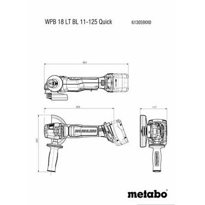 Metabo 613059830 WPB 18 LT BL 11-125 Quick 18V 4.5" / 5" Brushless Brake Angle Grinder - 10,000 RPM - Bare Tool